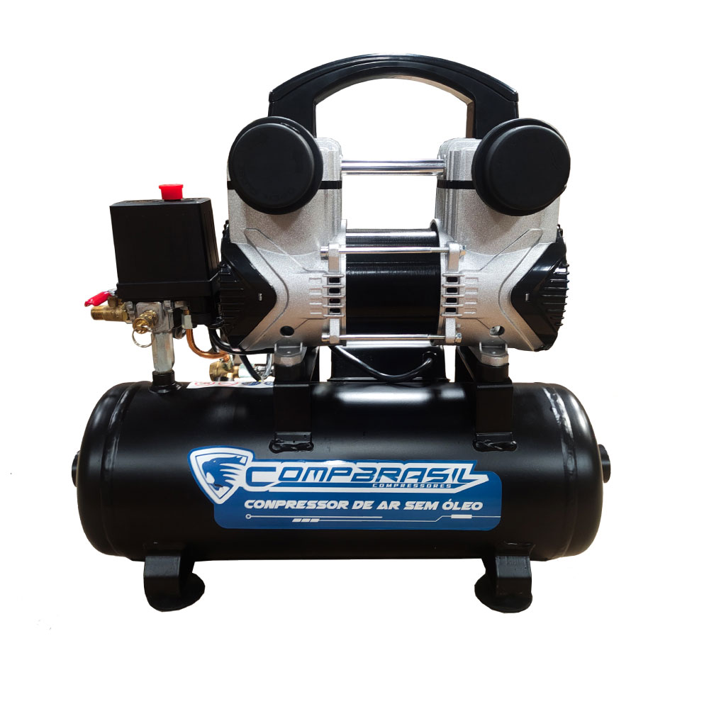 Compressor de Ar CompBrasil Preto Silencioso 850W Isento de Óleo 8L 5.3pcm 220v - Aerografia