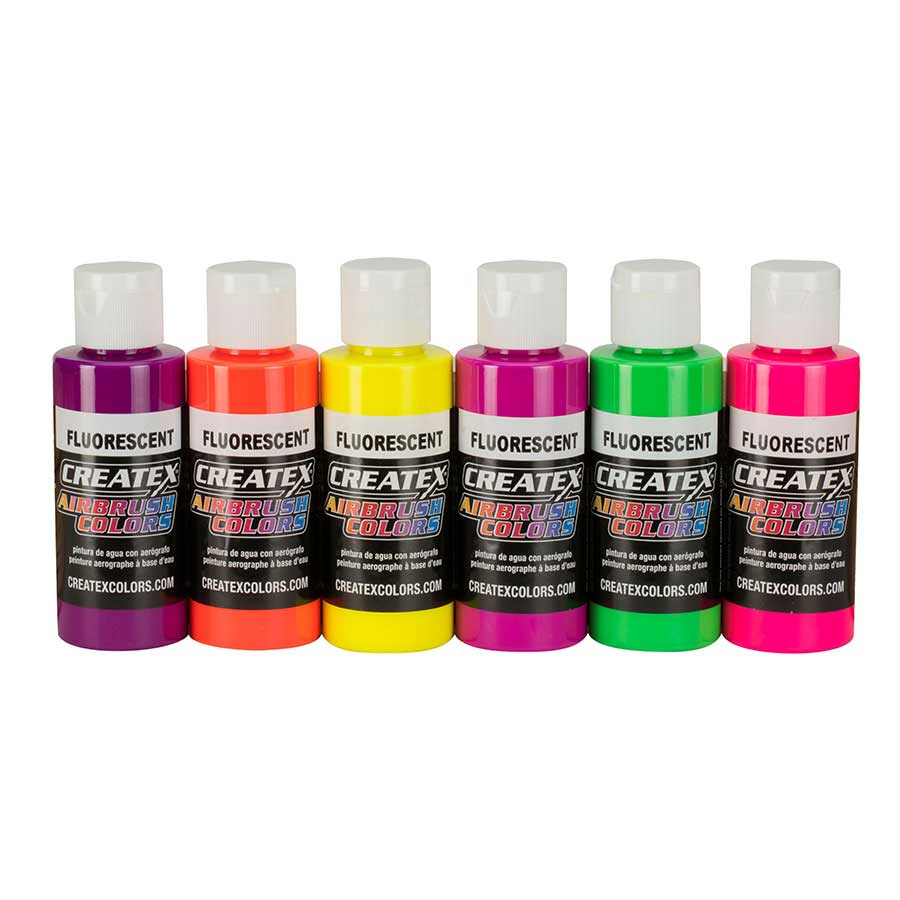 Kit 6 Tintas Createx Colors Fluorescente Cores Violeta Framboesa Verde Amarelo Rosa Laranja 60ml - Tintas-Aerografia