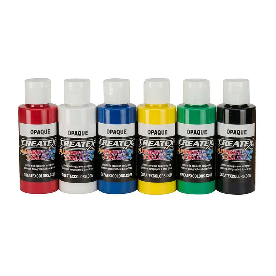 Kit 6 Tintas Createx Colors Opaque Fosca Cores Primarias Vermelho Amarelo Azul Verde Branco e Preto - Tintas-Aerografia