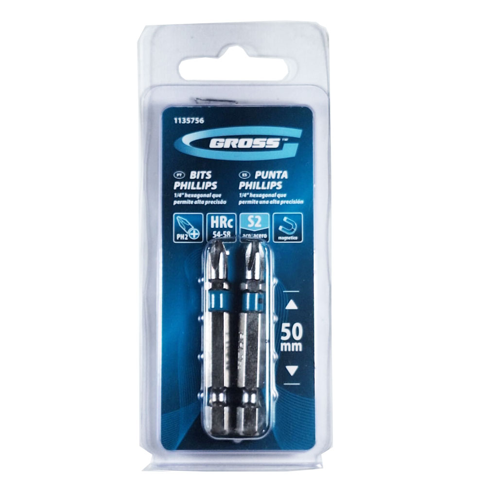 Kit Bits Phillips Aço S2 PH2 de 50mm 2 Peças Gross - Brocas-e-Pontas