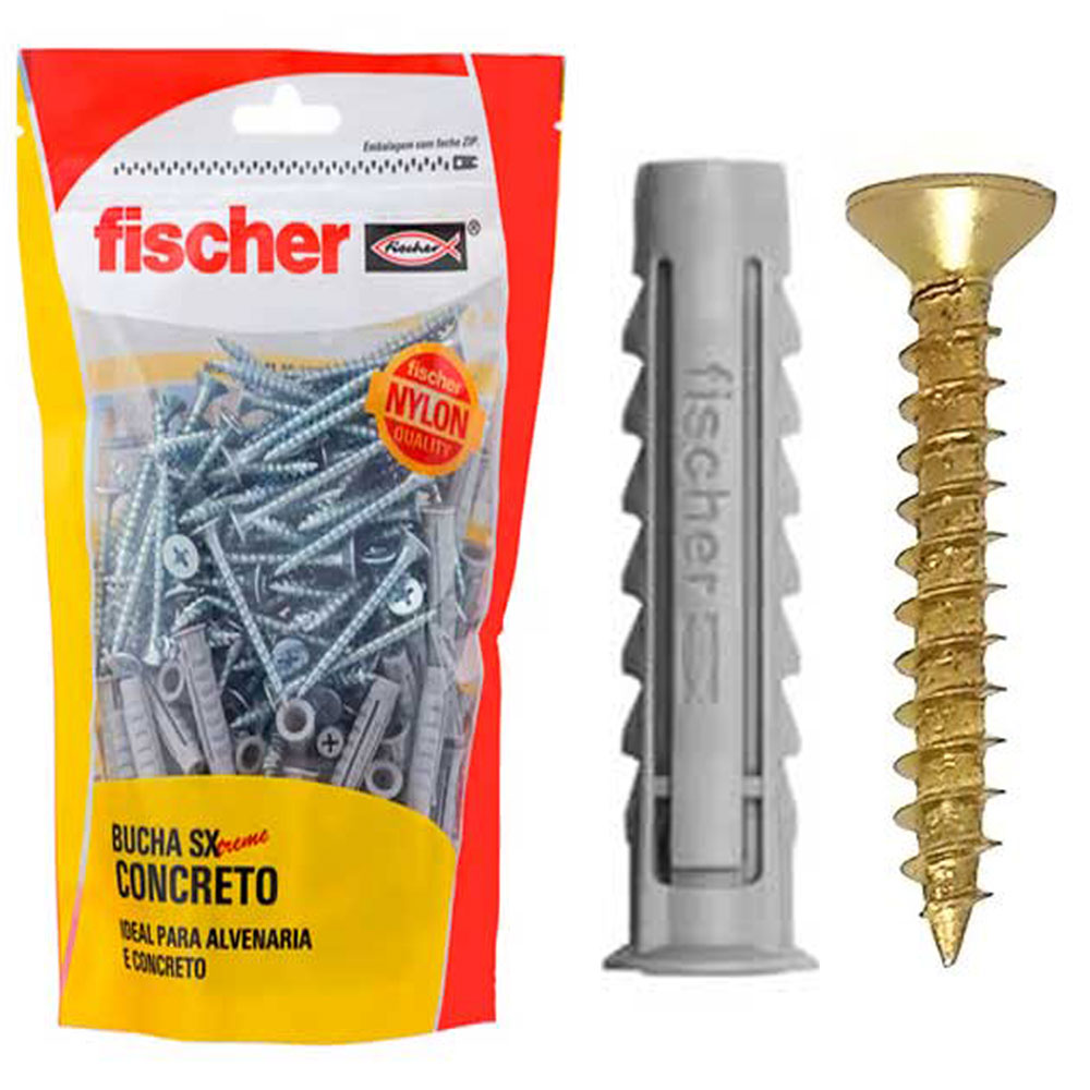 Kit Bucha de Nylon SX 8mm Fischer com Aba e Parafuso 60 peças - Manuais