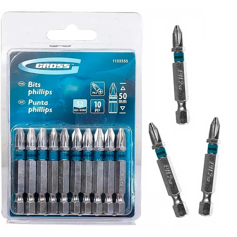 Kit 10 Bits Phillips Aço Stahl S2 PH-2 de 50mm Gross - Brocas-e-Pontas