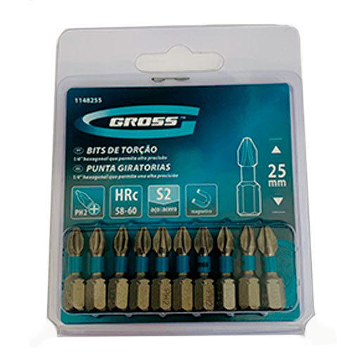 Kit Bits de Torção Impacto Gross PH2 25mm 10 peças - Manuais