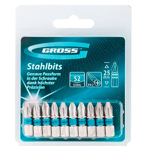 Kit 10 Bits Phillips Aço Stahl S2 PH-2 de 25mm Gross - Brocas-e-Pontas