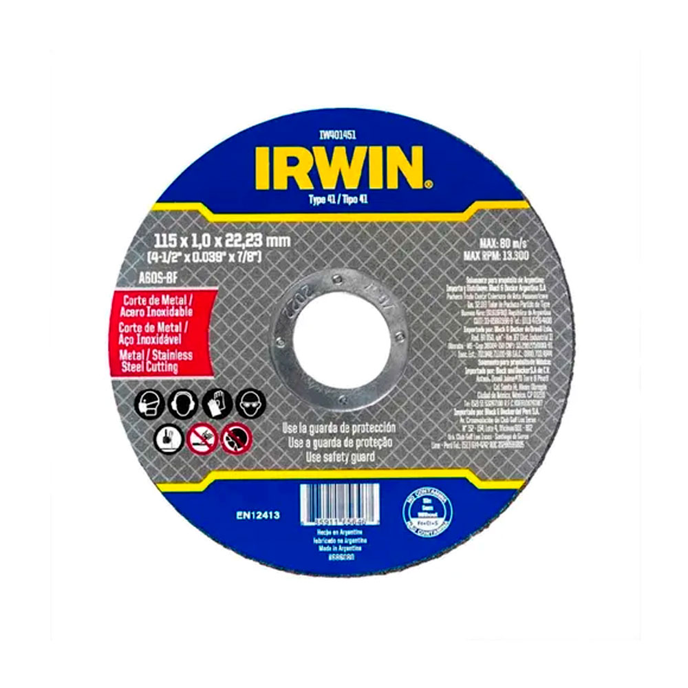 Disco de Corte Irwin para Metal/Inox 1.0mm para Esmerilhadeiras 4,5pol - Irwin