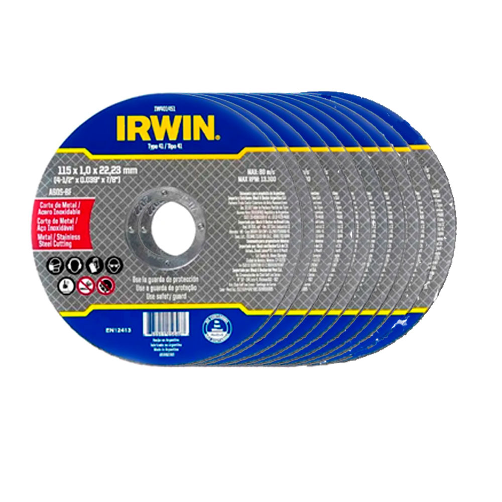 Kit 10 unidades Disco de Corte Irwin para Metal/Inox 1.0mm para Esmerilhadeiras 4,5pol - Irwin