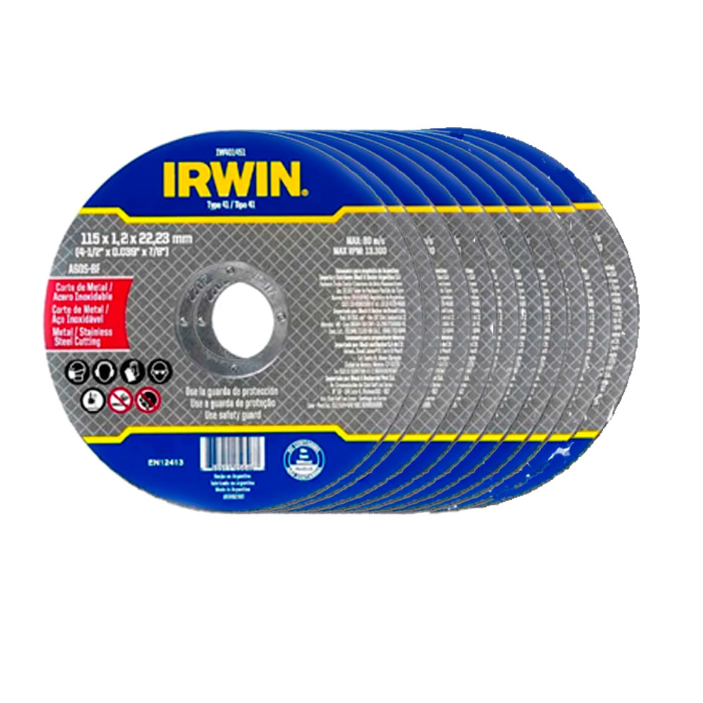 Kit 10 unidades Disco de Corte Irwin para Metal/Inox 1.2mm para Esmerilhadeiras 4,5pol - Esmerilhadeiras
