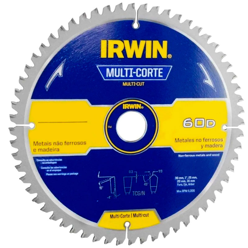 Disco de Serra Circular Irwin Multi Corte 250mm para Madeira Alumínio 60 dentes  - Irwin