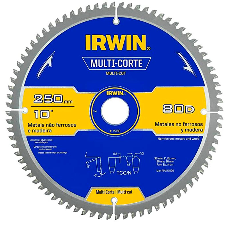 Disco de Serra Circular Irwin Multi Corte 250mm para Madeira Alumínio 80 dentes  - Serras