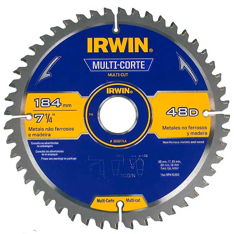 Disco de Serra Circular Irwin Multi Corte 184mm para Madeira Alumínio 48 dentes  - Irwin