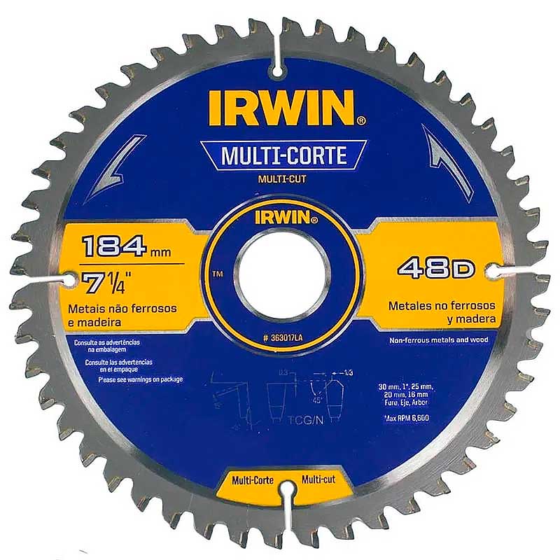 Disco de Serra Circular Irwin Multi Corte 184mm para Madeira Alumínio 48 dentes  - Serras