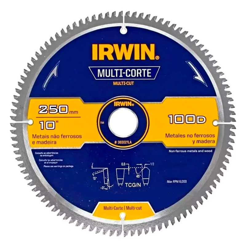 Disco de Serra Circular Irwin Multi Corte 250mm para Madeira Alumínio 100 dentes  - Serras