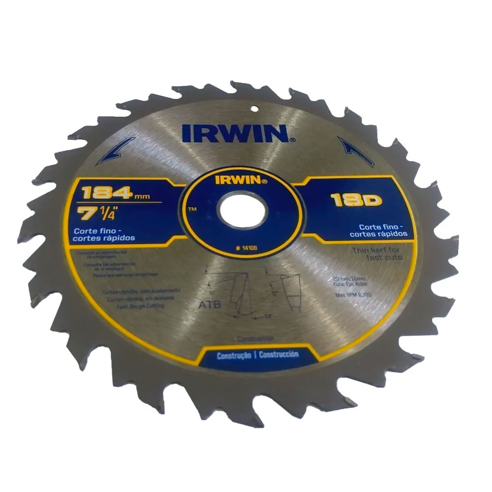 Disco de Serra Circular Irwin 184mm para madeira 18 dentes - Serras