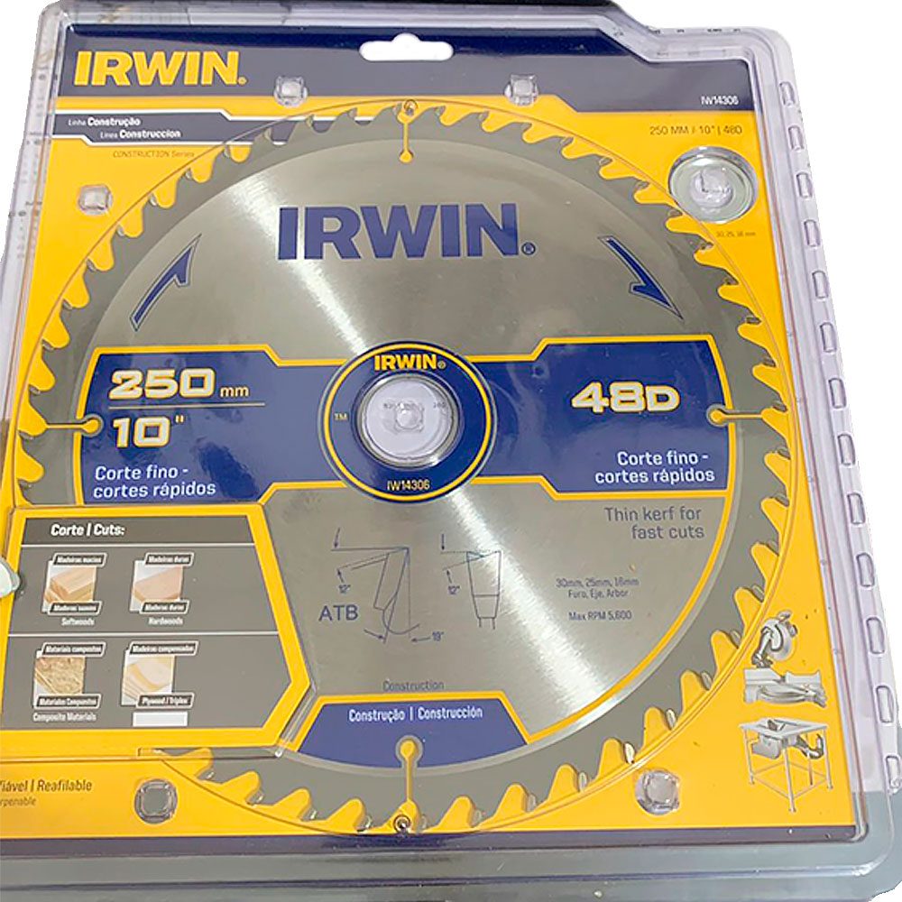 Disco de Serra Circular Irwin 250mm para madeira 48 dentes - Serras