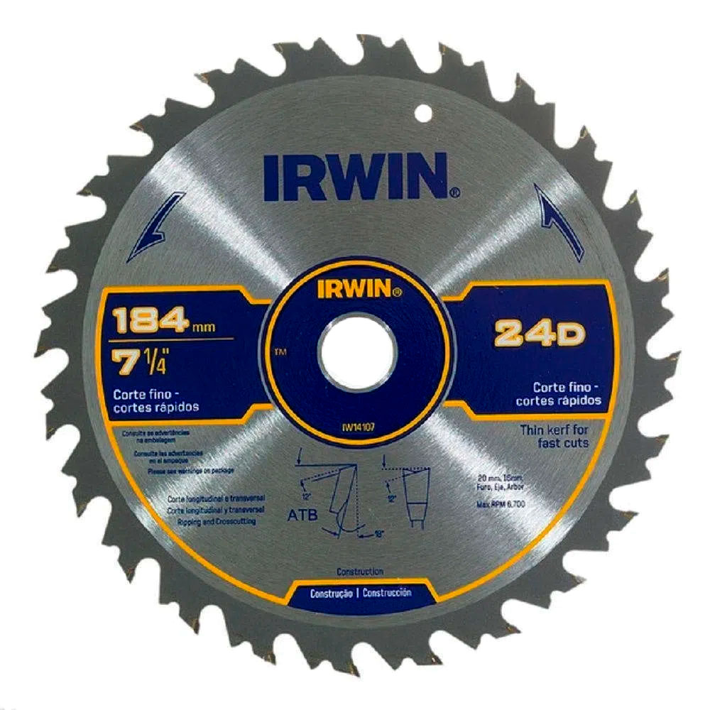 Disco de Serra Circular Irwin 184mm para madeira 24 dentes - IW14107 - Serras