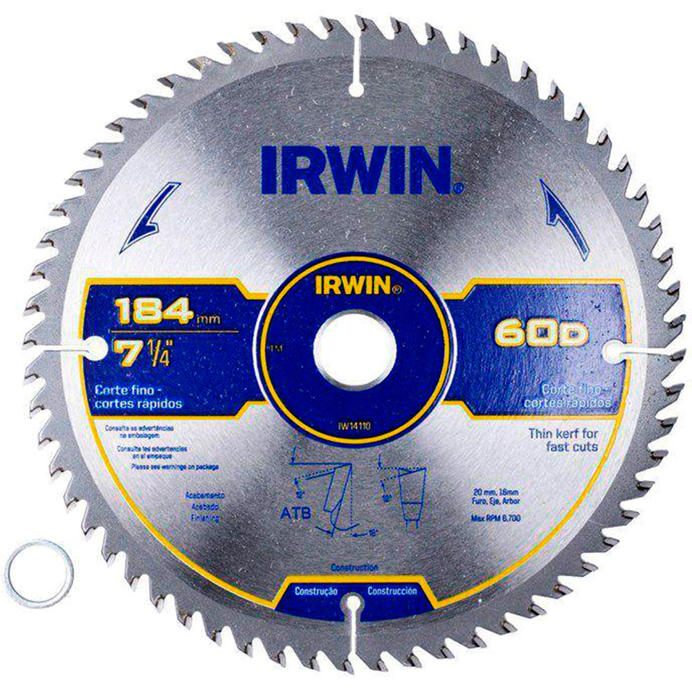 Disco de Serra Circular Irwin 184mm para madeira 60 dentes  - Serras