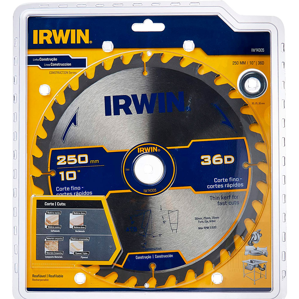 Disco de Serra Circular Irwin 250mm para madeira 36 dentes - Irwin