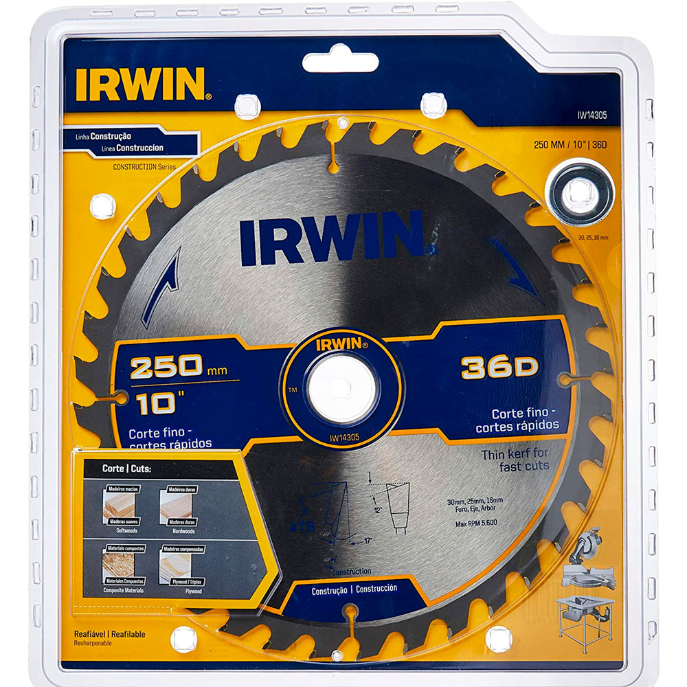 Disco de Serra Circular Irwin 250mm para madeira 36 dentes - Serras