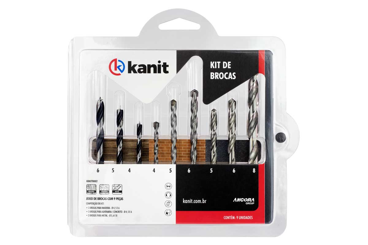 Jogo de brocas Kanit 9 peças para concreto, madeira e metal KB-KITB002 - Kanit