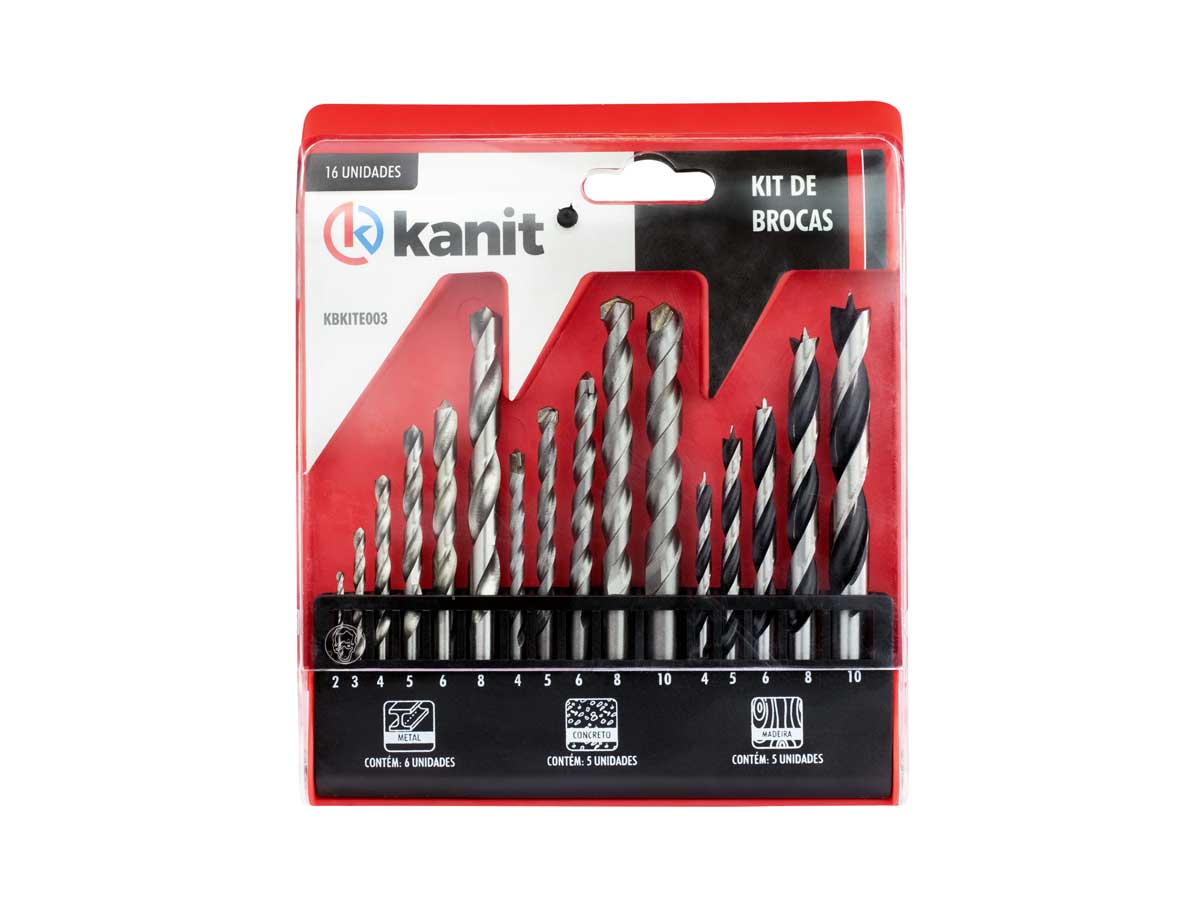 Jogo de brocas Kanit 16 peças para concreto, madeira e metal KB-KITE003 - Brocas-e-Pontas