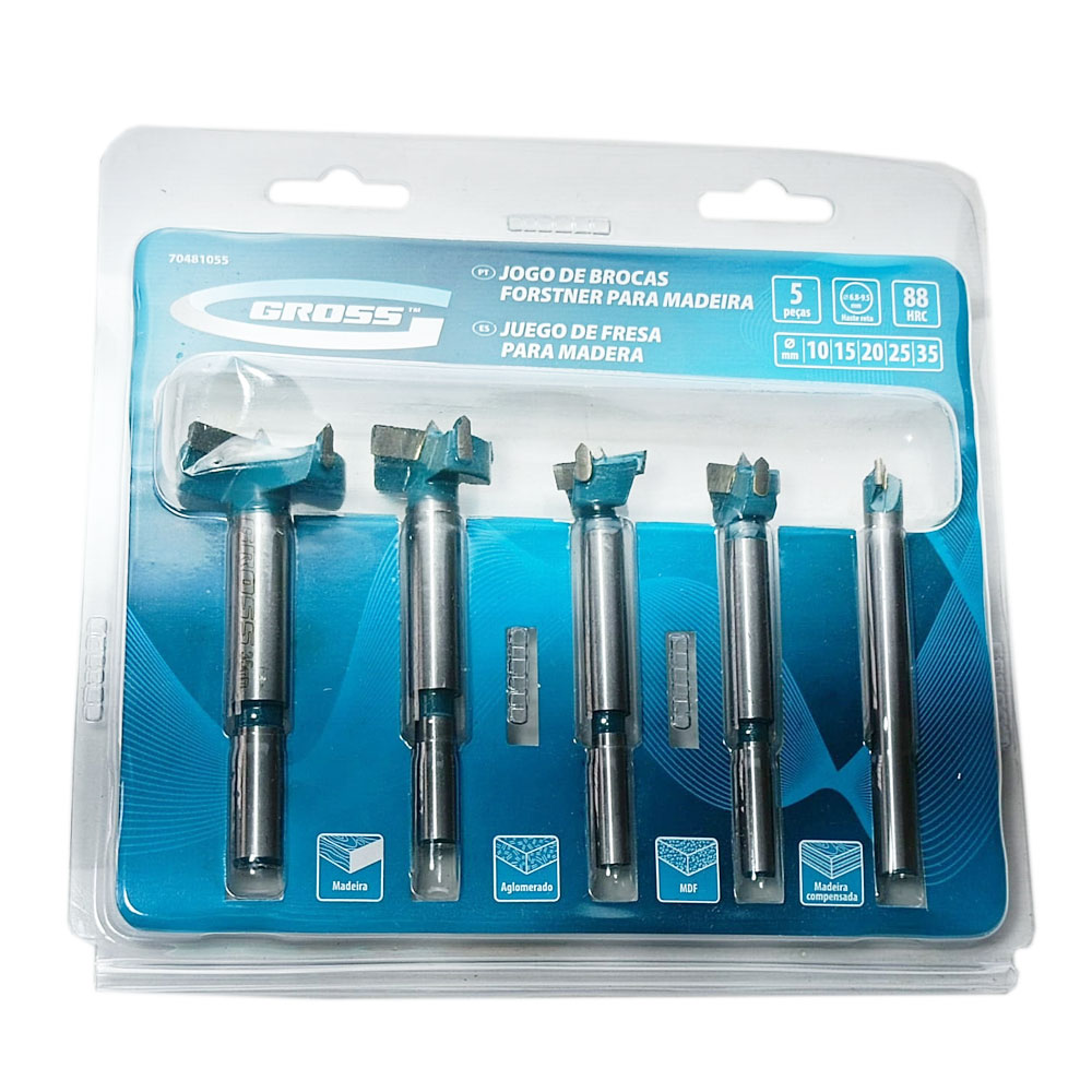 Brocas Fresas Forstner Videa Para Furar Madeira Mdf 10 a 35mm Kit 5 Peças - Gross