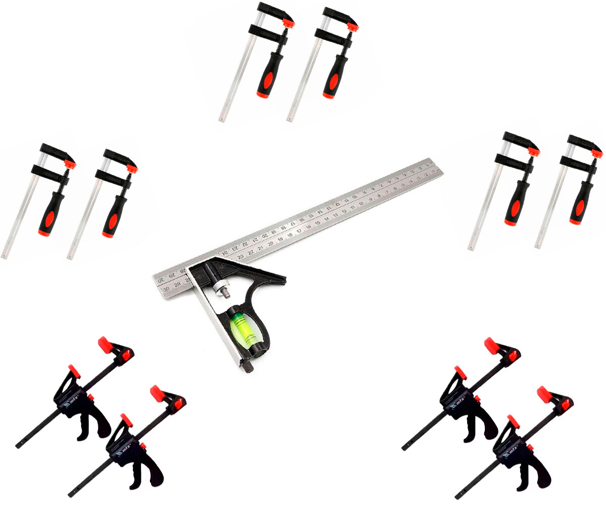 Kit 11 Peças para Marceneiro- Grampo Sargento 6, 8 e 12POL. Tipo F e Esquadro combinado 30cm - MTXToolsWorld
