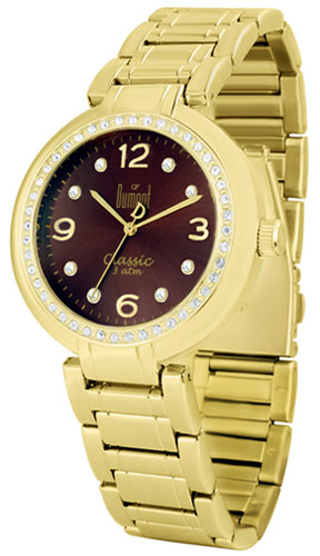 Relógio analógico feminino dourado com fundo marrom - Novidades