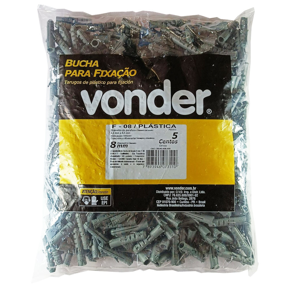Bucha Plástica de Fixação 8mm 500 Peças F-08 - Vonder