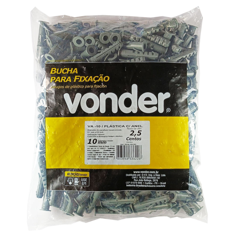 Bucha Plástica de Fixação 10mm com Anel 250 Peças VA-10 - Manuais