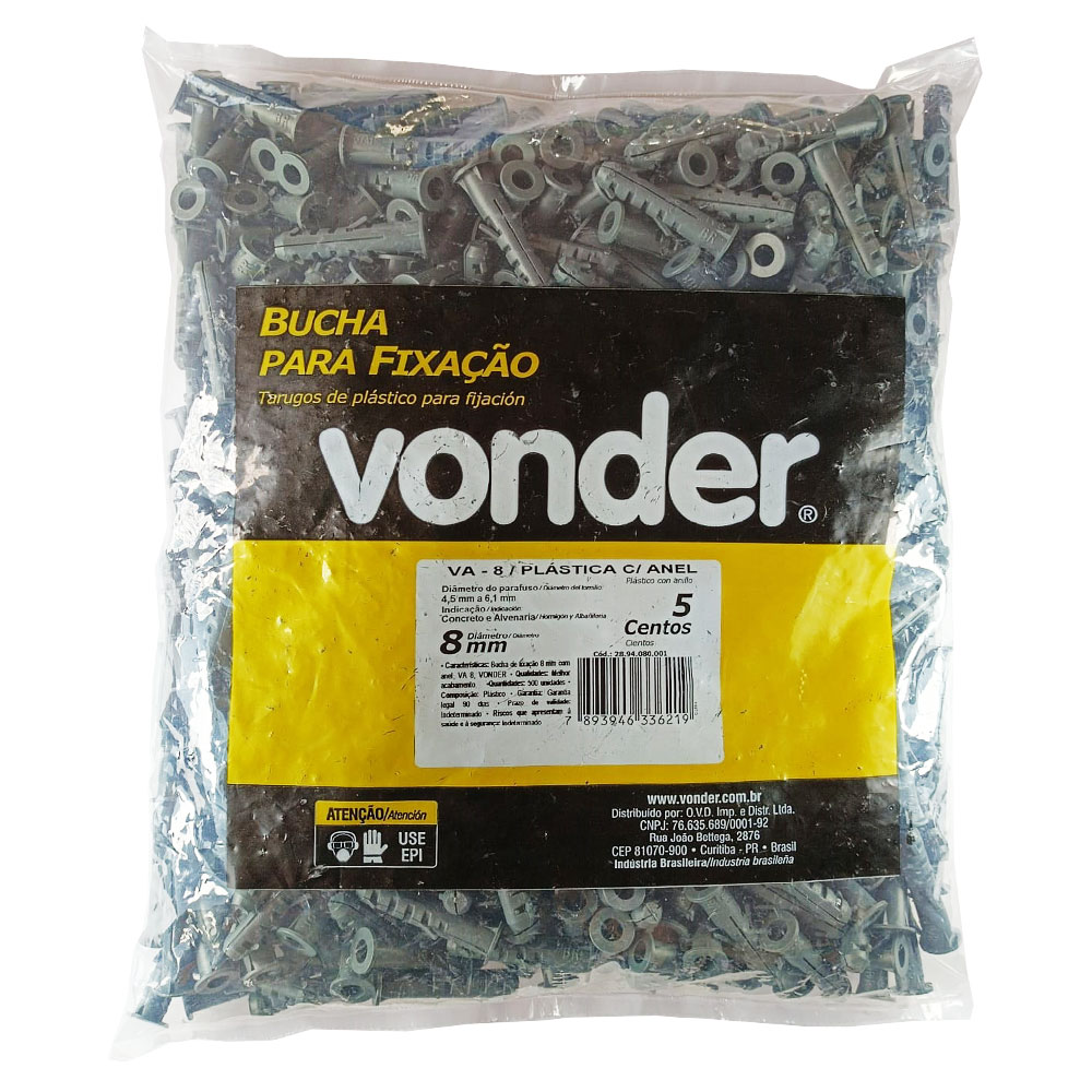 Bucha Plástica de Fixação 8mm com Anel 500 Peças VA-08 - Vonder