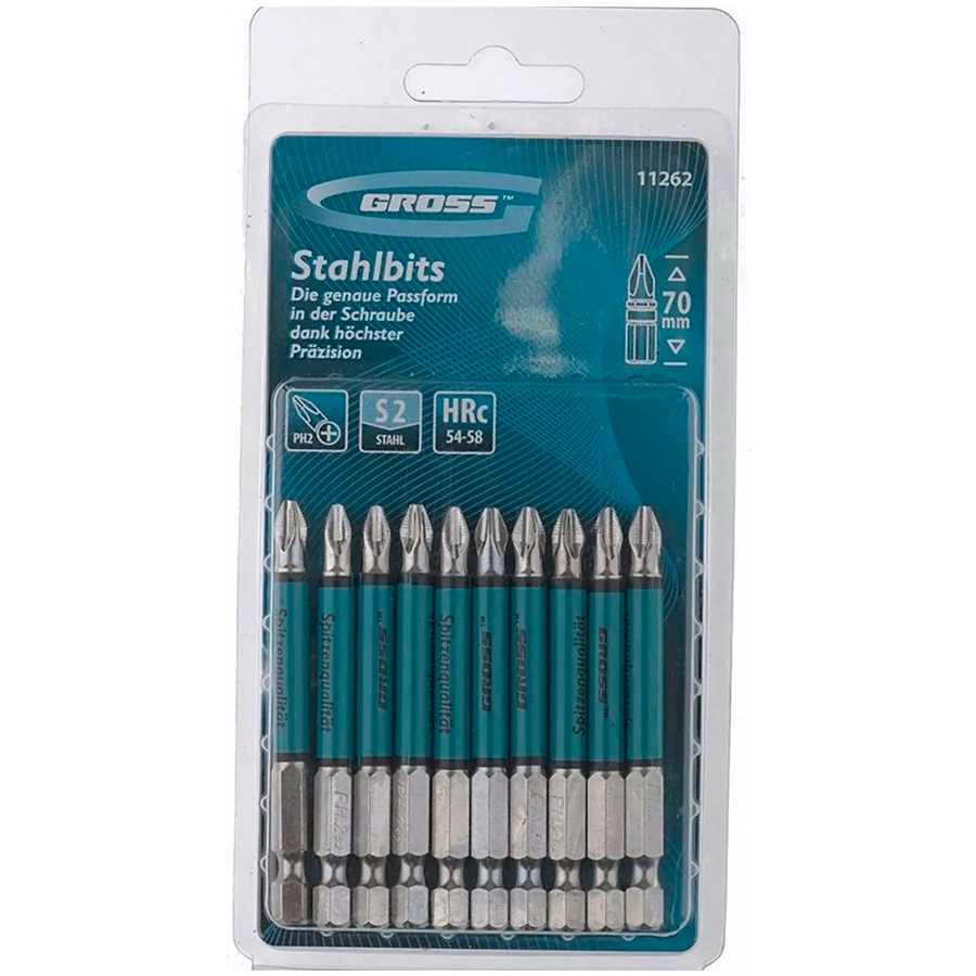 Kit 10 Bits Phillips Aço Stahl S2 PH-2 de 70mm 11262 Gross - Brocas-e-Pontas