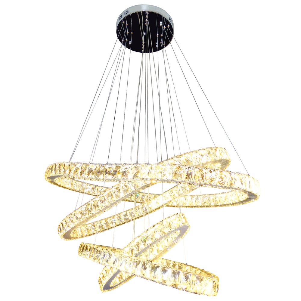 Lustre LED Oval Cristal K9 Inox 8LP16/4  4 anéis 56 cm - 128w Luz 3000 a 6500K - Controle Remoto - Lustres