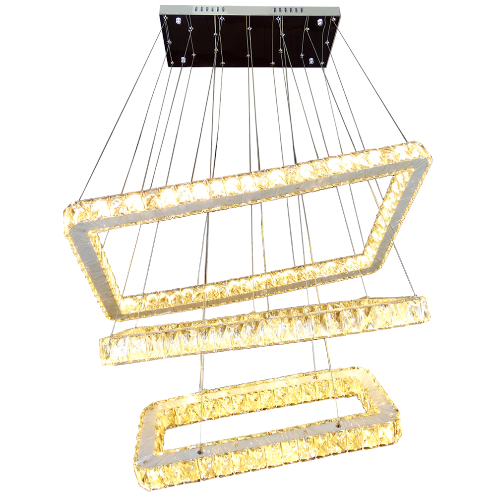 Lustre LED Retangular Cristal K9 Inox 8LP17/3 até 66 cm 120w 3000 a 6500K - Controle Remoto - Iluminação