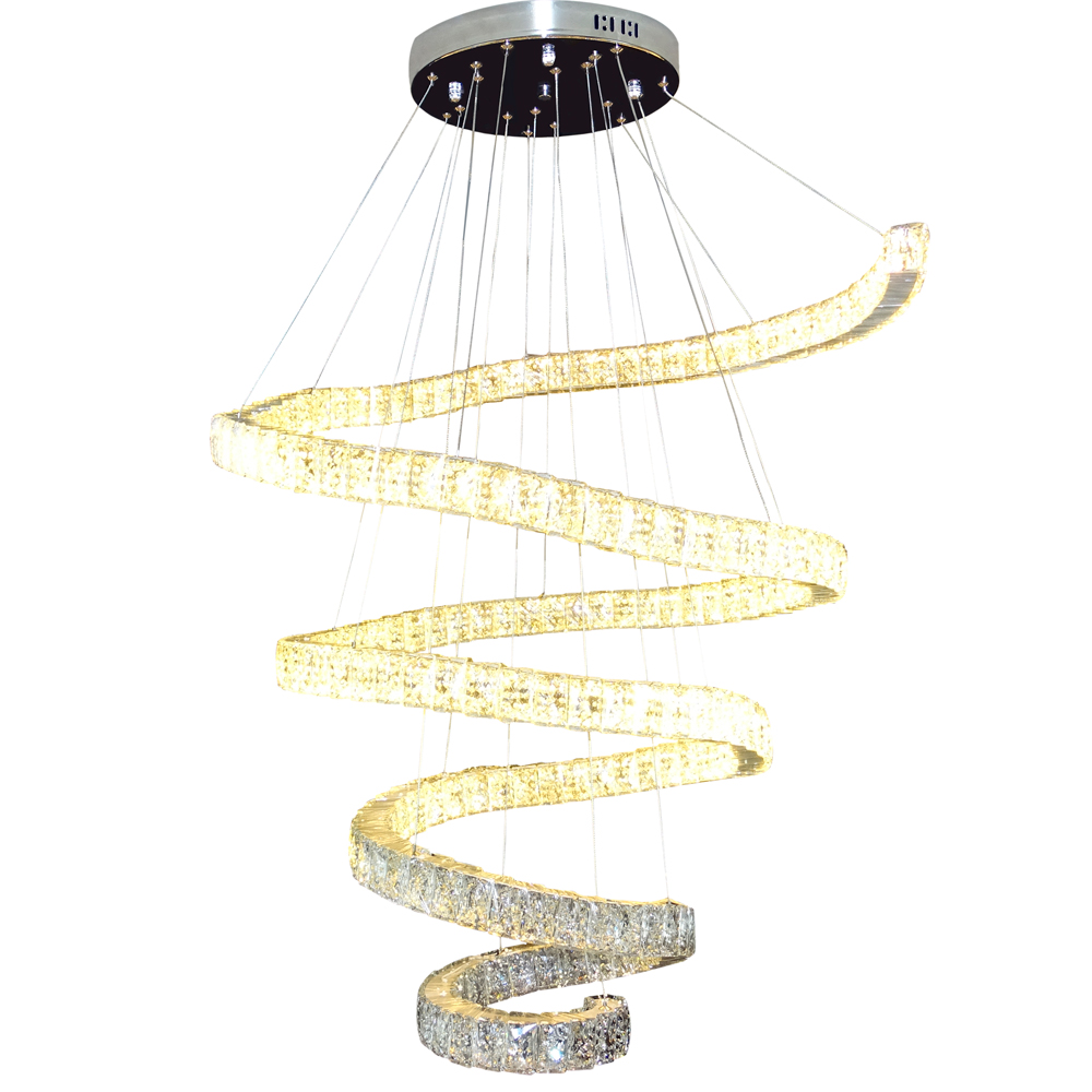 Lustre LED Espiral Cristal K9 Inox 8LP18/4 até 85 cm 168 watts Luz 3000 a 6500K - Controle Remoto - Lustres