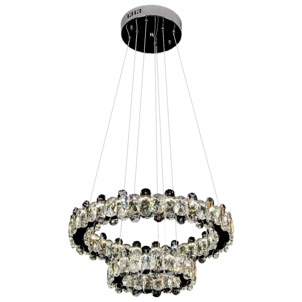 Lustre LED 8LP31 Redondo Cristal K9 Inox 2 anéis 50 cm 44 watts Luz 3000 a 6500k - Controle Remoto - Guardian