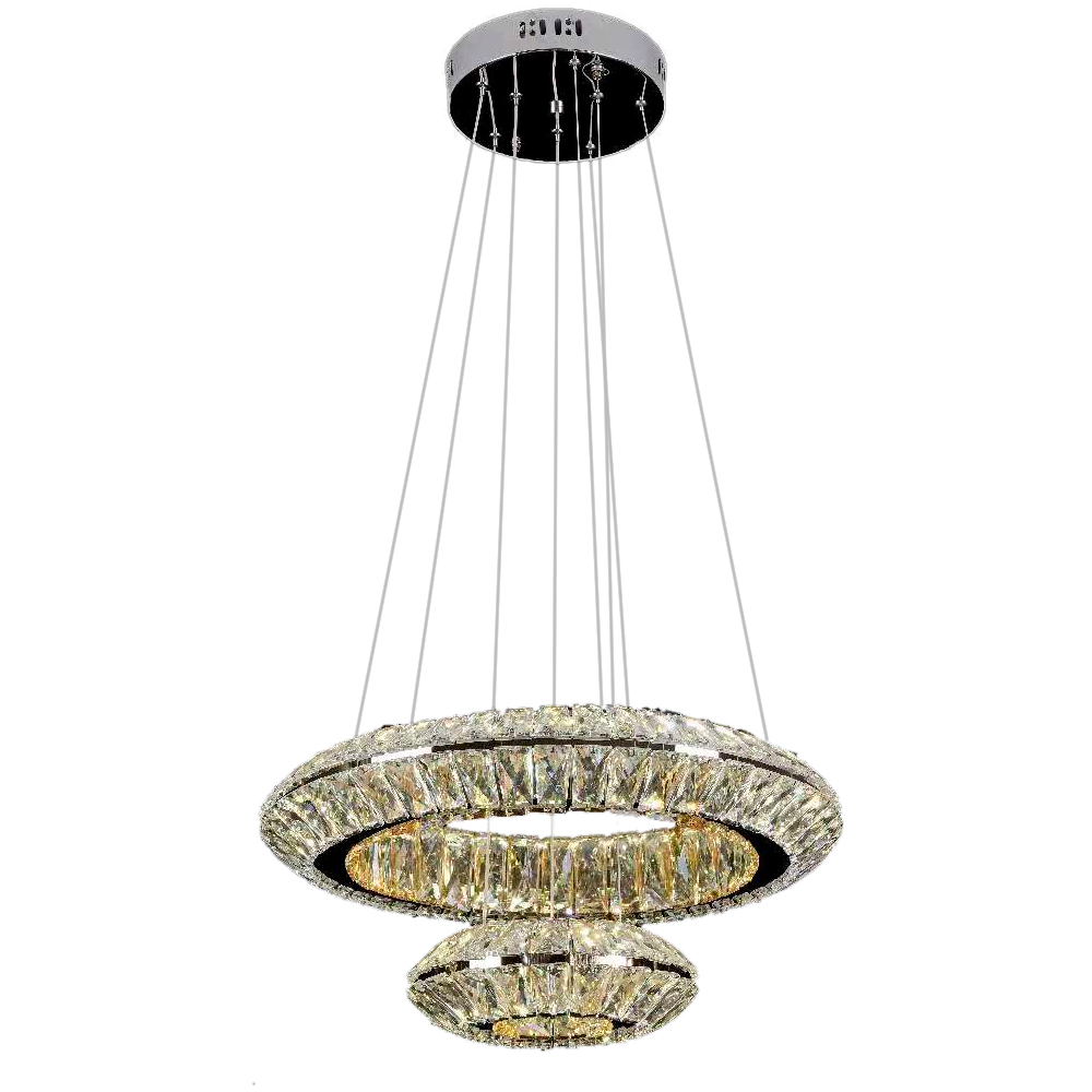 Lustre LED Redondo 8LP32 Cristal K9 Inox 2 anéis 50 cm 82 watts Luz 3000 a 6500k - Controle Remoto - Iluminação