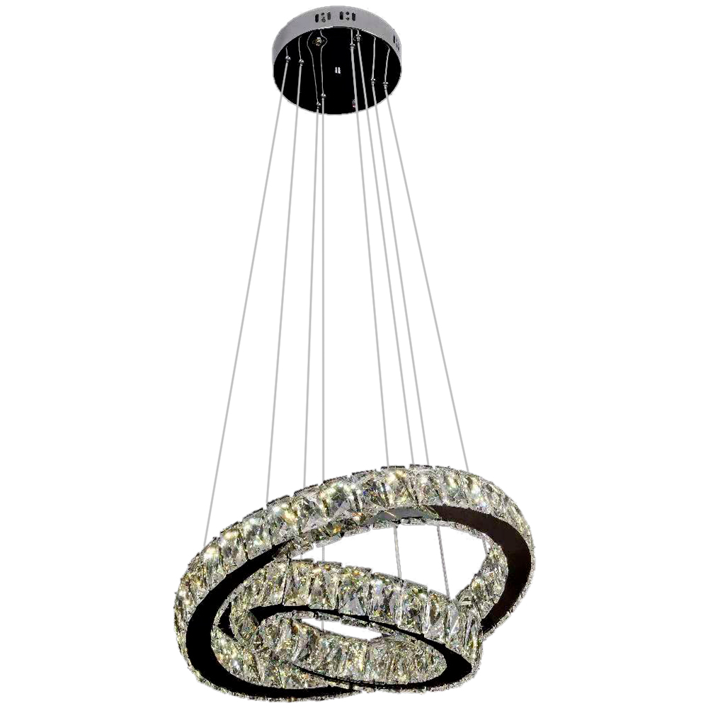 Lustre LED Redondo 8LP33 Cristal K9 Inox 2 anéis 45 cm 82 watts Luz 3000 a 6500k - Controle Remoto - Lustres