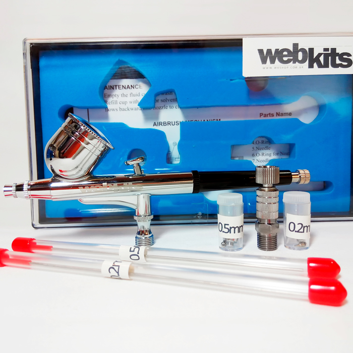 Aerógrafo Profissional Dupla Ação WebKits AB130s, 3 bicos e agulhas, copo fixo - Webkits