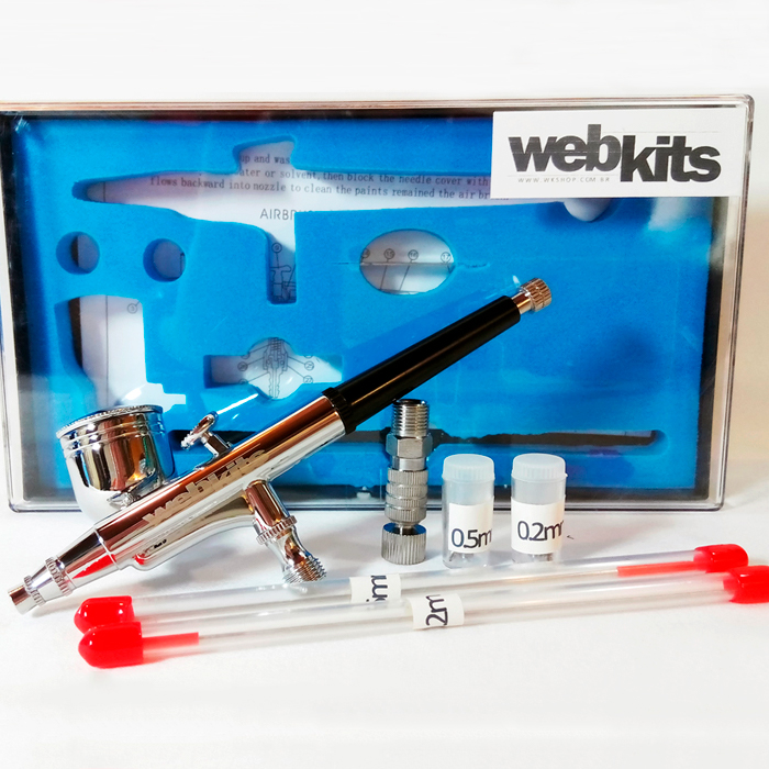 Aerógrafo Profissional Dupla Ação WebKits AB132s, 3 bicos e agulhas, copo lateral móvel - Promoções