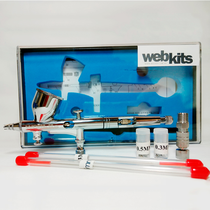Aerógrafo Profissional Dupla Ação WebKits AB180s, 3 bicos e agulhas, copo fixo e regulagem pressão - Webkits