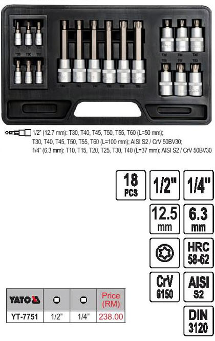 Conj. de bits e soquetes  1/2 e 1/4 pol. 18 peças - Yato