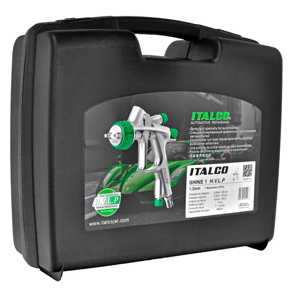 KIT Pistola Pintura Italco Shine1 HVLP 1,3mm 600ml Manometro Maleta e acessórios - Italco