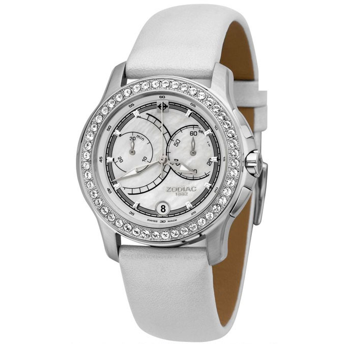 Relógio Suiço Zodiac Crono - Streamline Swarovski, Branco, couro